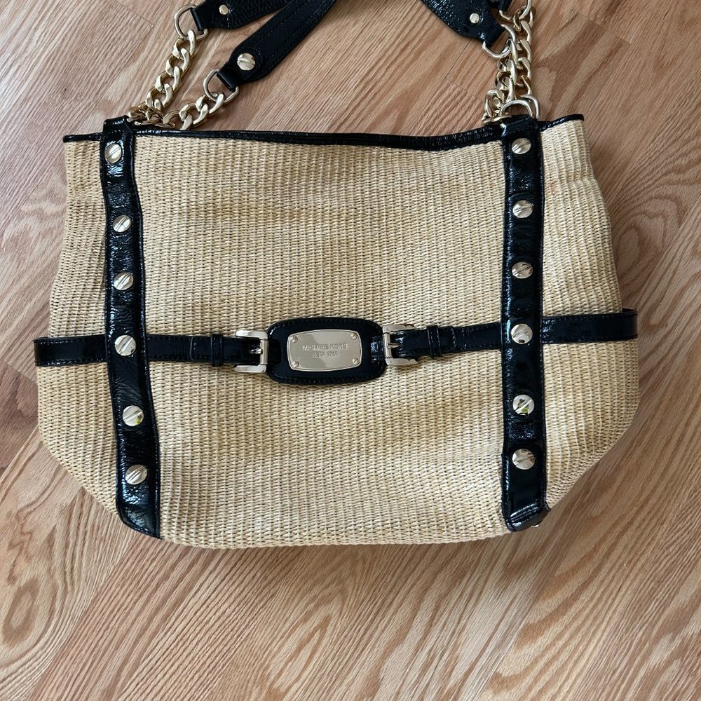 MICHAEL KORS Soft Woven RATTAN w/ Black Leather Trim Medium Satchel Bag Purse